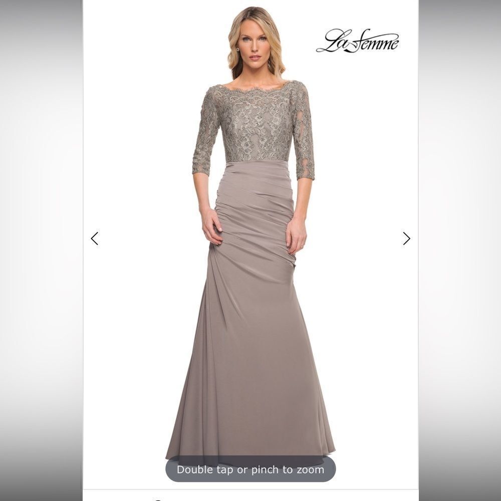 La Femme Elbow Sleeve Floral Lace with Ruching Gown 24926 in Platinum 4, NWT - Picture 2 of 9